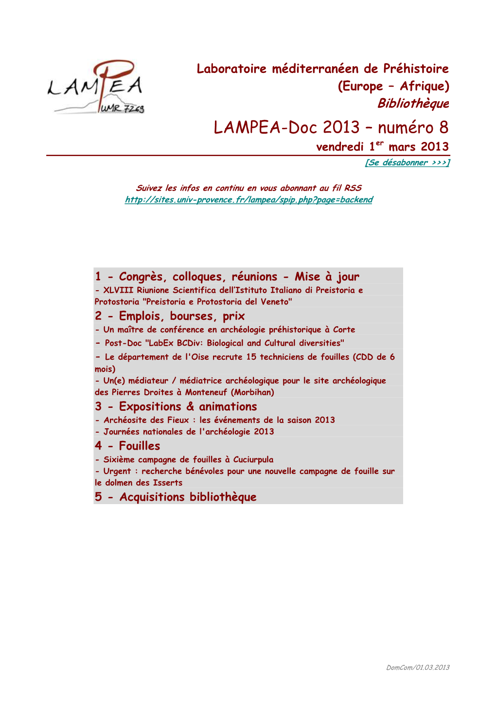 LAMPEA-Doc 2013 – Numéro 8 Vendredi 1Er Mars 2013 [Se Désabonner >>>]