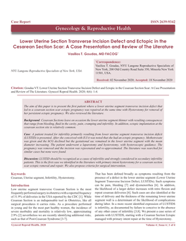 Lower Uterine Section Transverse Incision Defect and Ectopic in the Cesarean Section Scar: a Case Presentation and Review of the Literature Vasilios T
