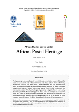 African Postal Heritage; African Studies Centre Leiden; APH Paper 1 Togo 1889-1920S; Ton Dietz; Version October 2016