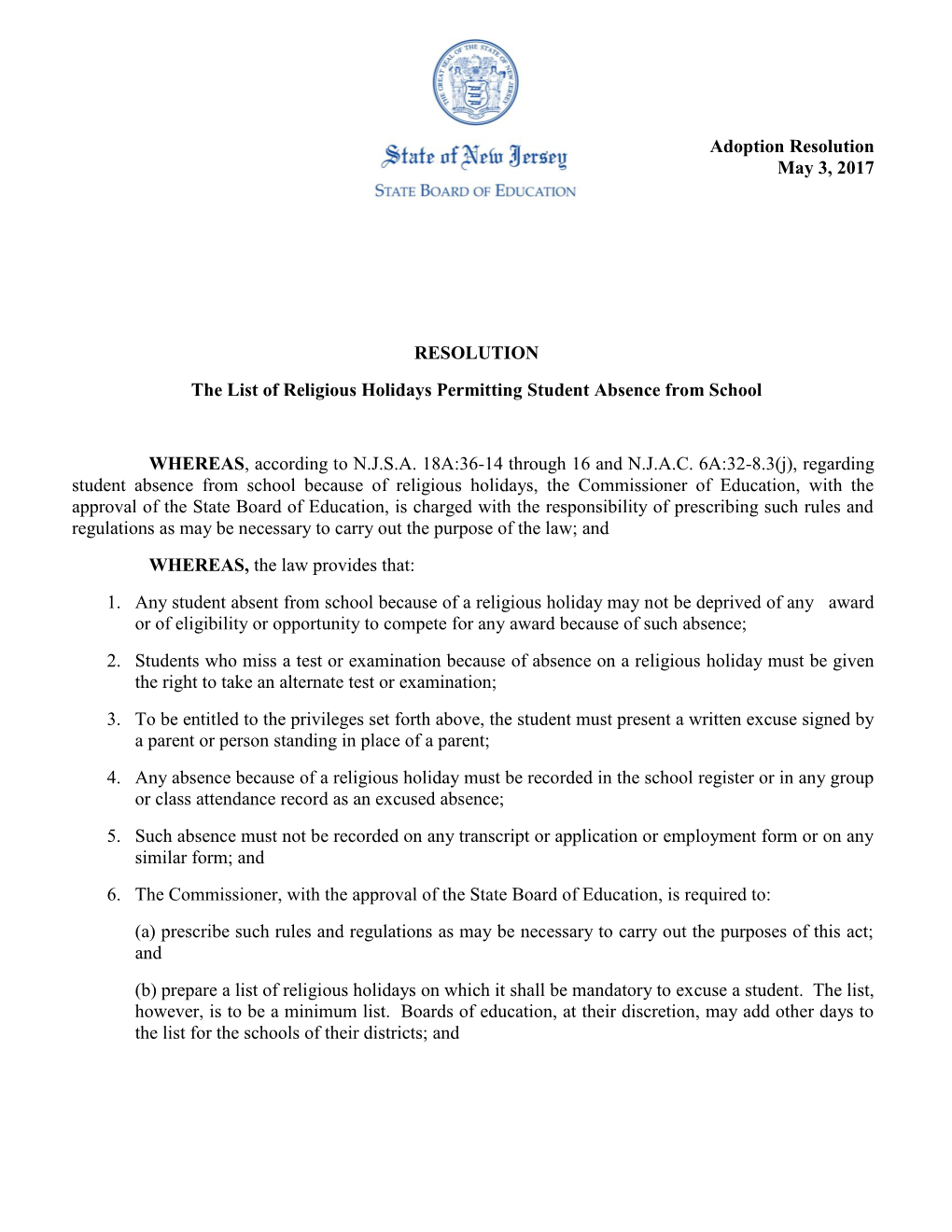 The List of Religious Holidays Permitting Student Absence from School