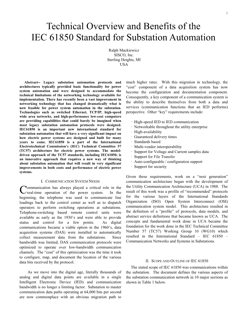 Technical Overview and Benefits of the IEC 61850 Standard for Substation Automation