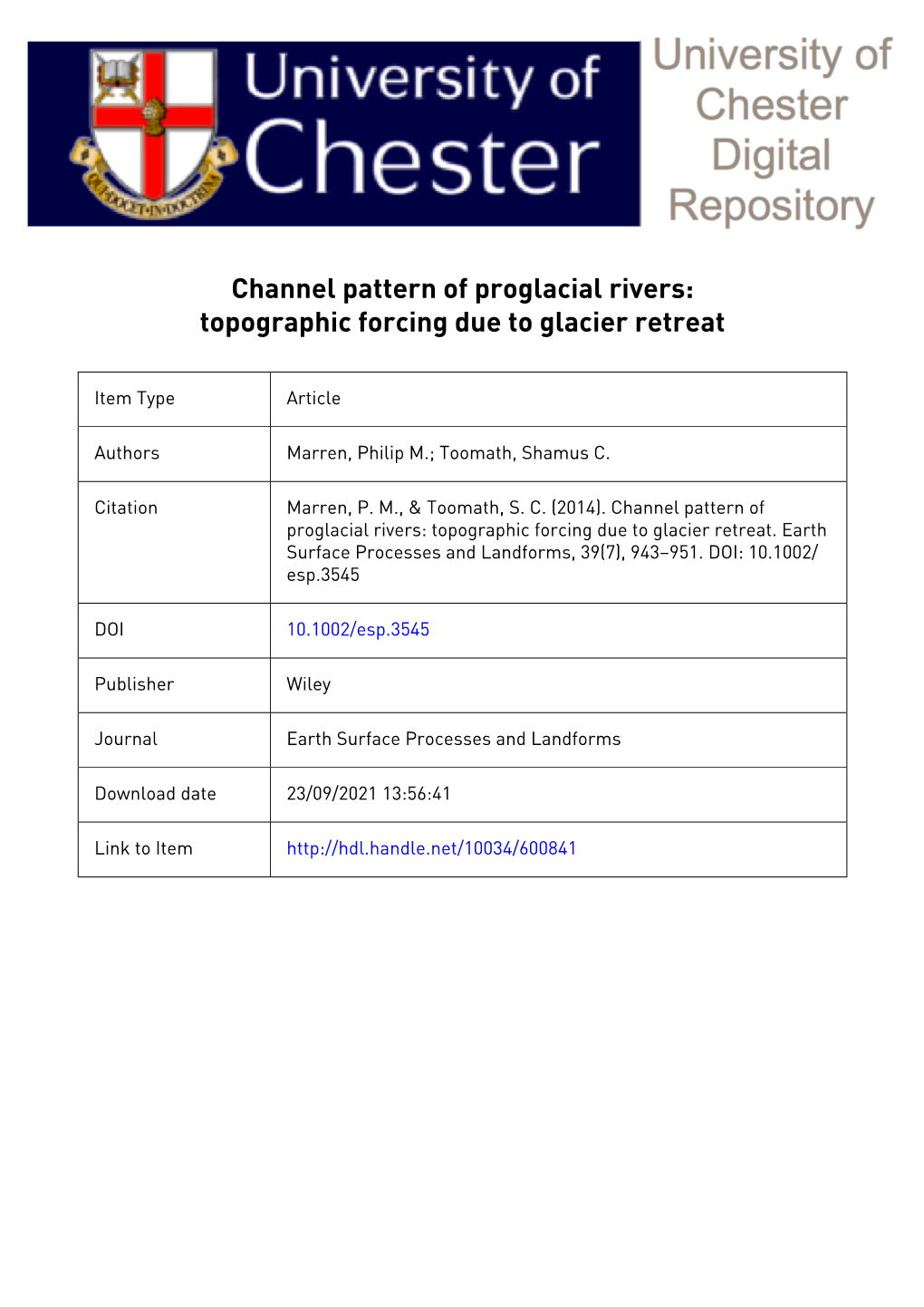 Channel Pattern of Proglacial Rivers: Topographic Forcing Due to Glacier Retreat