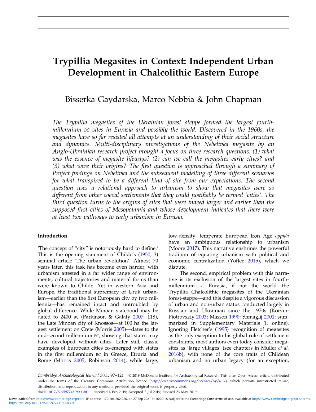 Trypillia Megasites in Context: Independent Urban Development in Chalcolithic Eastern Europe