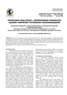 Excoecaria Agallocha L. Antimicrobial Properties Against Important Pathogenic Microorganisms