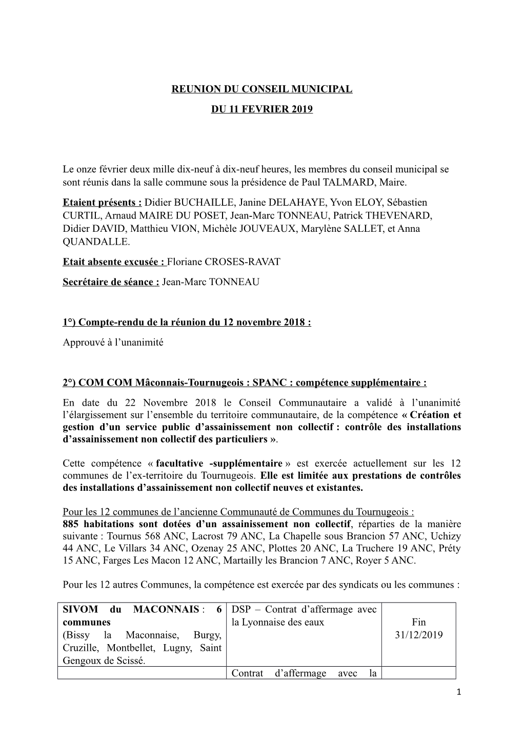 REUNION DU CONSEIL MUNICIPAL DU 11 FEVRIER 2019 Le Onze Février Deux Mille Dix-Neuf À Dix-Neuf Heures, Les Membres Du Conseil