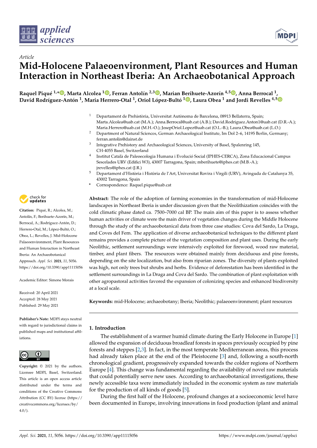 Mid-Holocene Palaeoenvironment, Plant Resources and Human Interaction in Northeast Iberia: an Archaeobotanical Approach