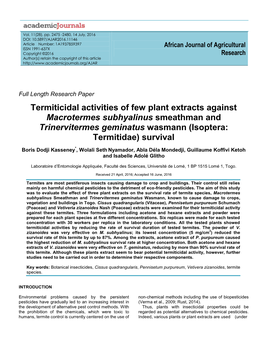 Termiticidal Activities of Few Plant Extracts Against Macrotermes Subhyalinus Smeathman and Trinervitermes Geminatus Wasmann (Isoptera: Termitidae) Survival