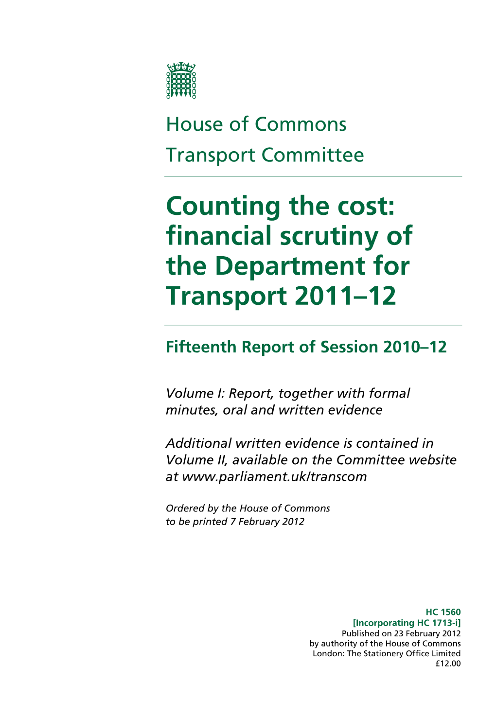 Counting the Cost: Financial Scrutiny of the Department for Transport 2011–12