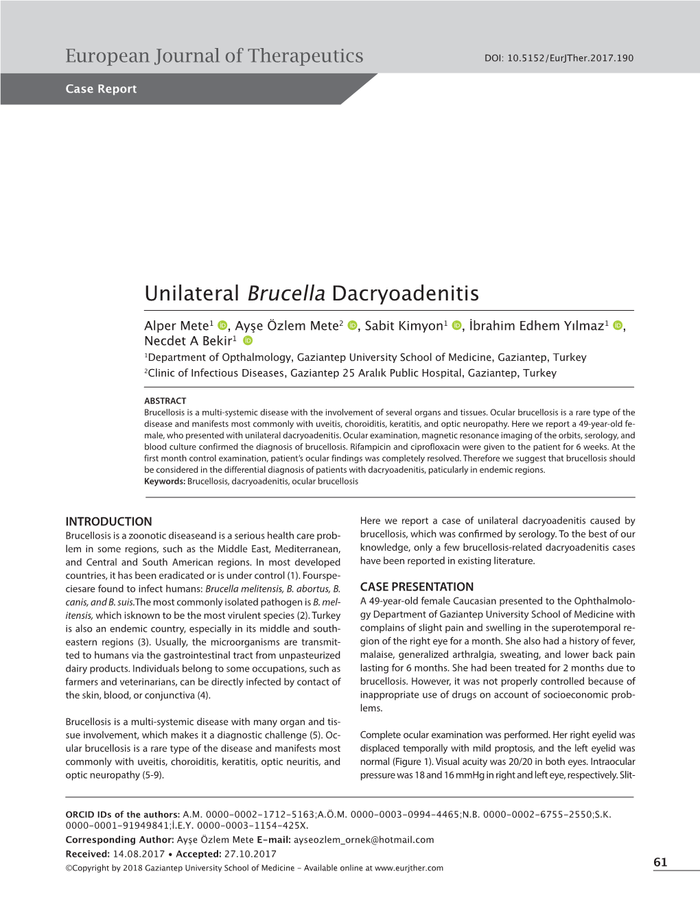 Unilateral Brucella Dacryoadenitis