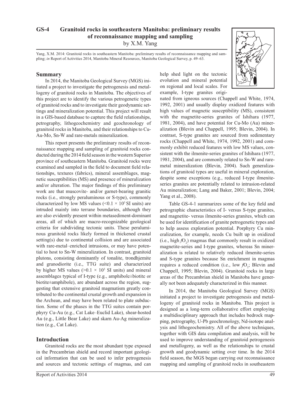 Granitoid Rocks in Southeastern Manitoba: Preliminary Results of Reconnaissance Mapping and Sampling by X.M