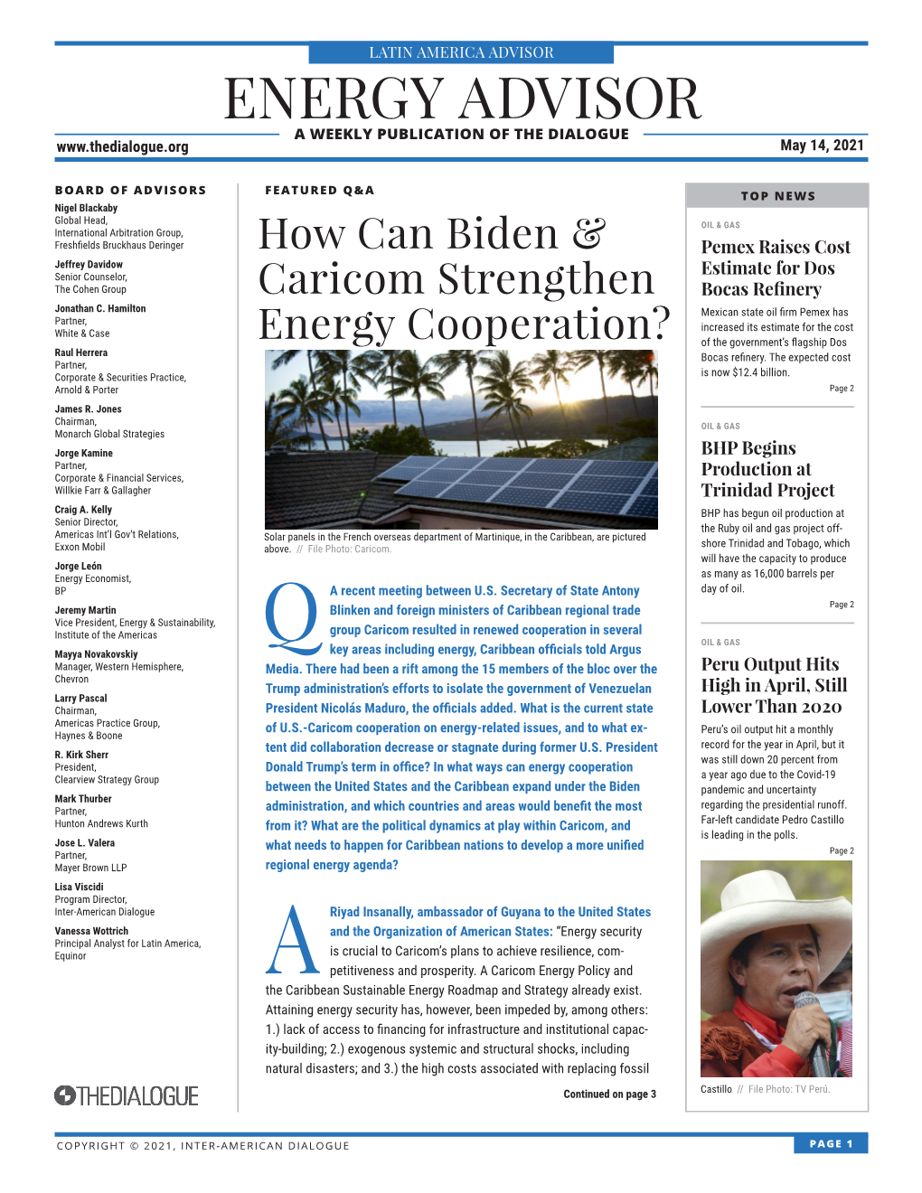 ENERGY ADVISOR a WEEKLY PUBLICATION of the DIALOGUE May 14, 2021