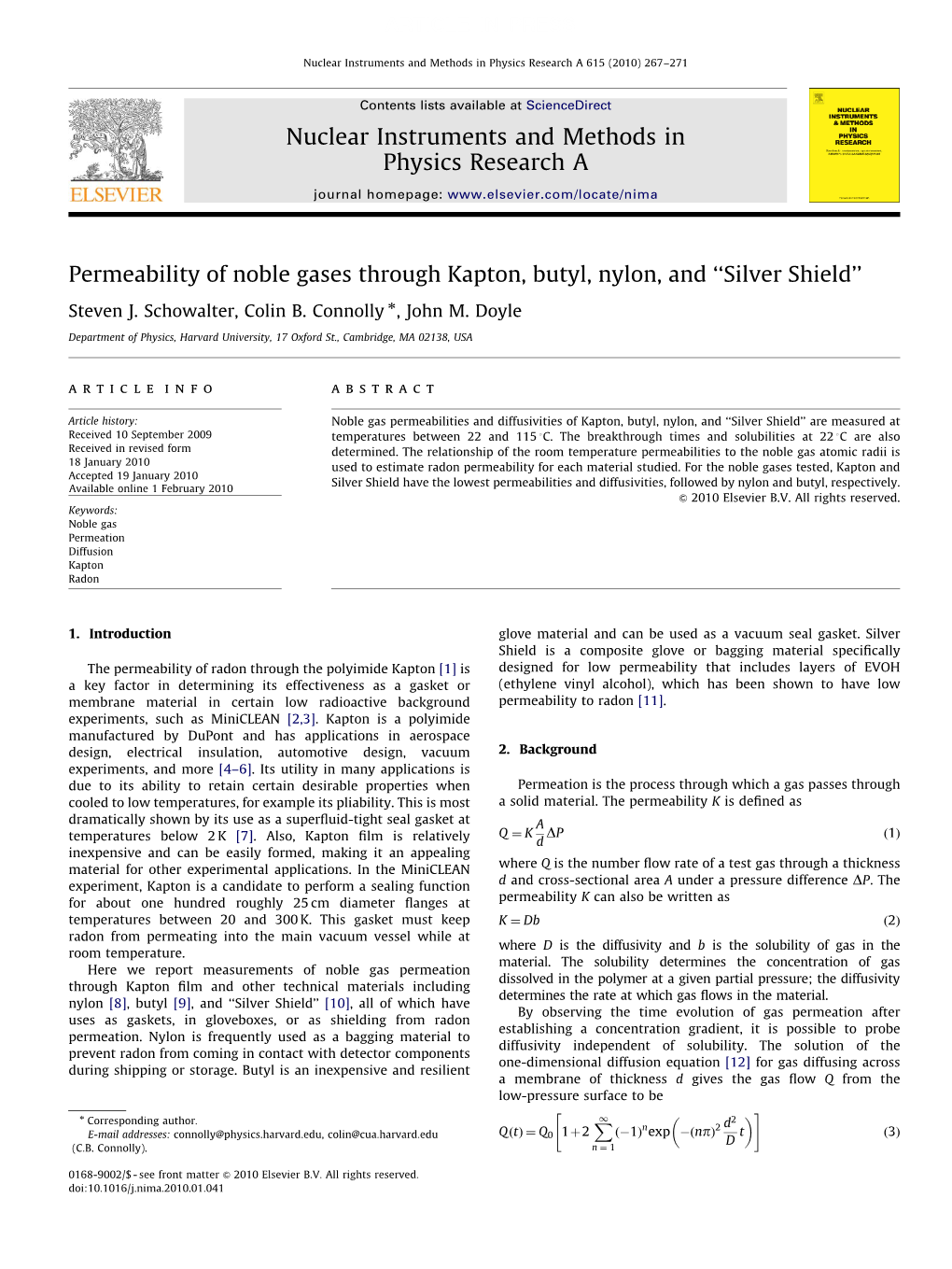 Permeability of Noble Gases Through Kapton, Butyl, Nylon, and ‘‘Silver Shield’’