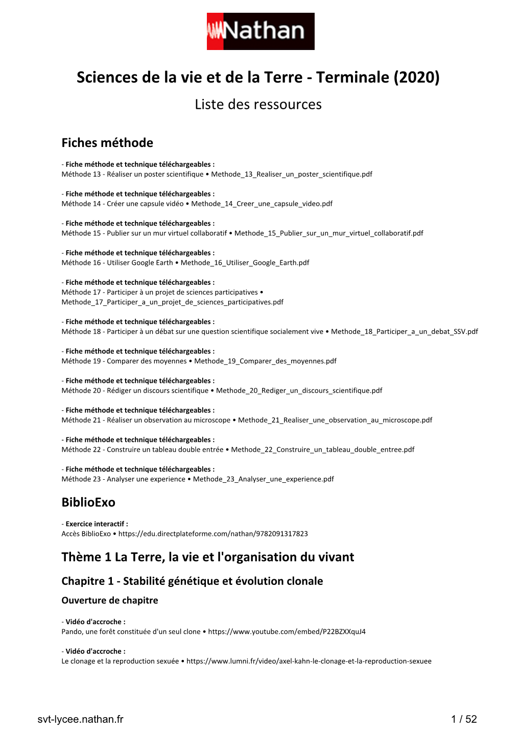 Sciences De La Vie Et De La Terre - Terminale (2020) Liste Des Ressources