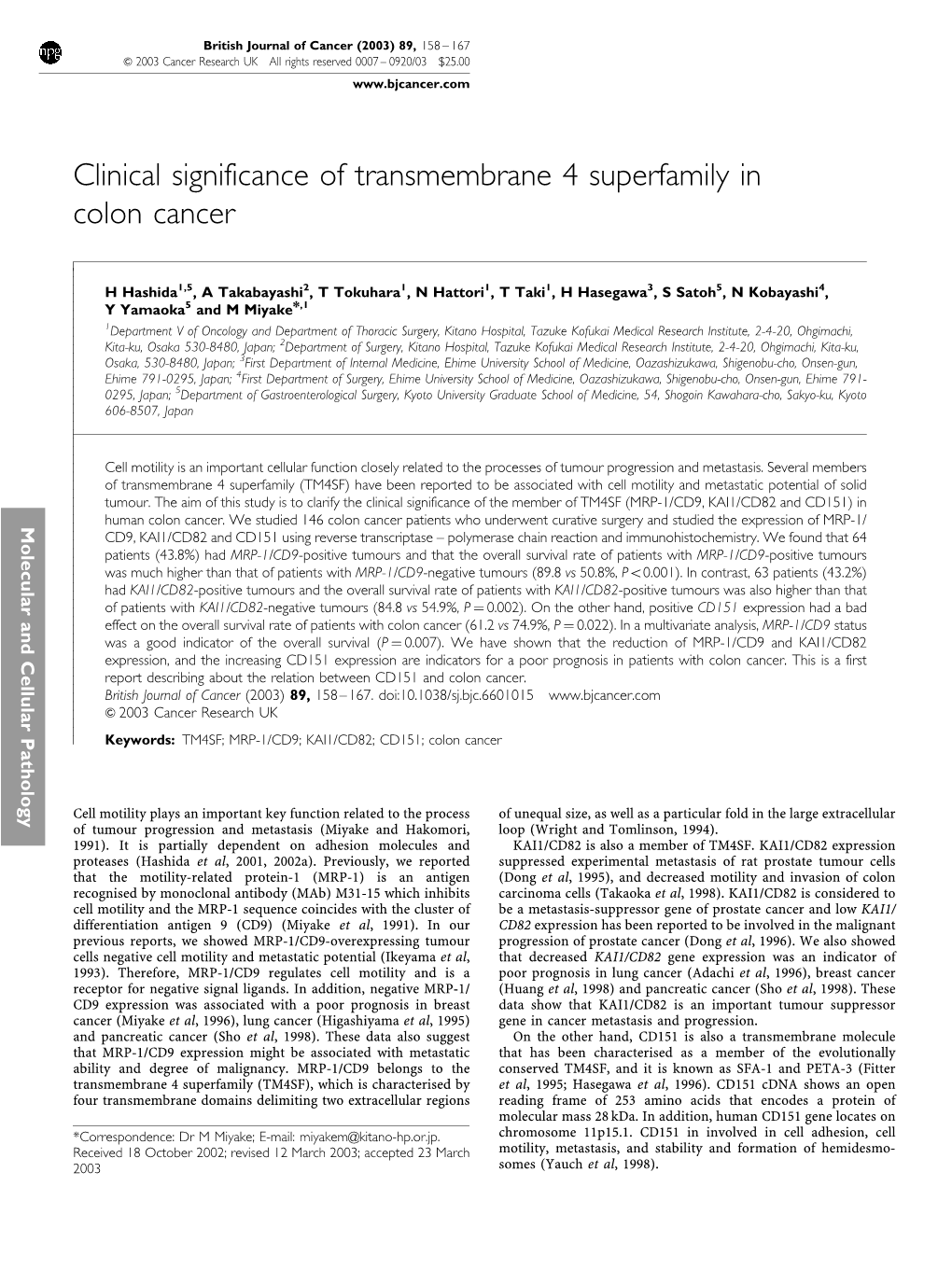 Clinical Significance of Transmembrane 4 Superfamily in Colon Cancer