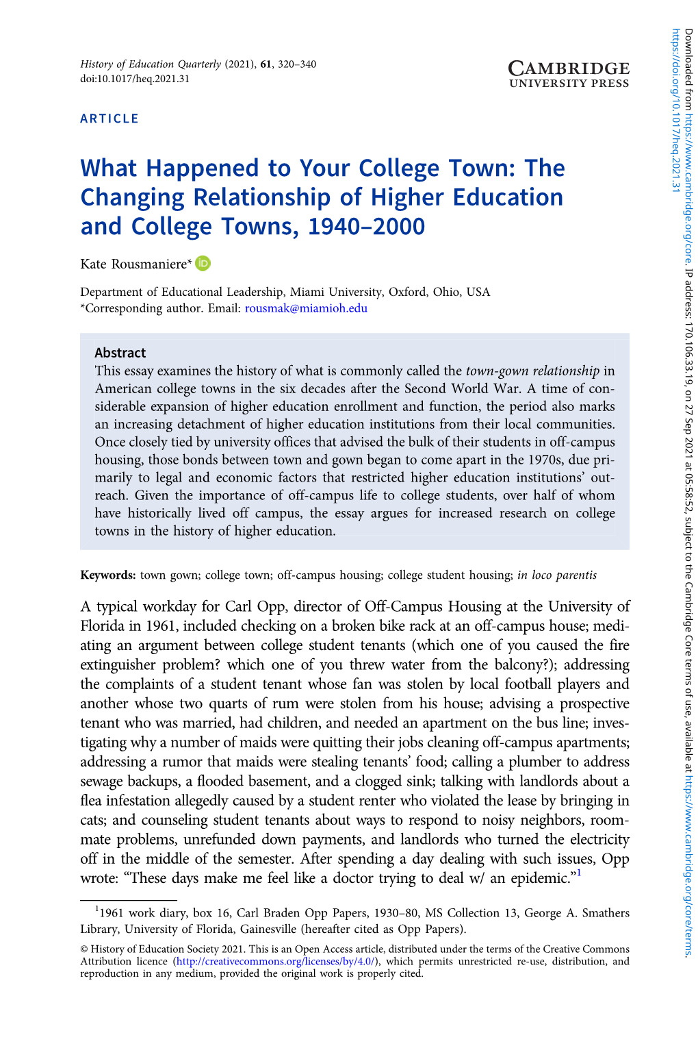 The Changing Relationship of Higher Education and College Towns, 1940–2000