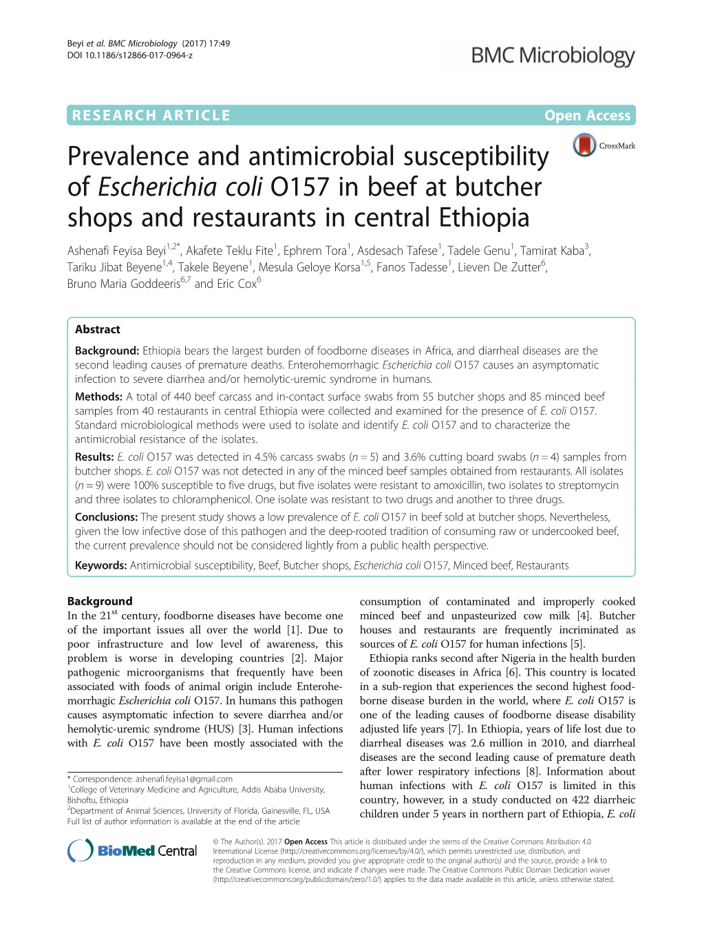 Prevalence and Antimicrobial Susceptibility of Escherichia Coli O157 in Beef at Butcher Shops and Restaurants in Central Ethiopi