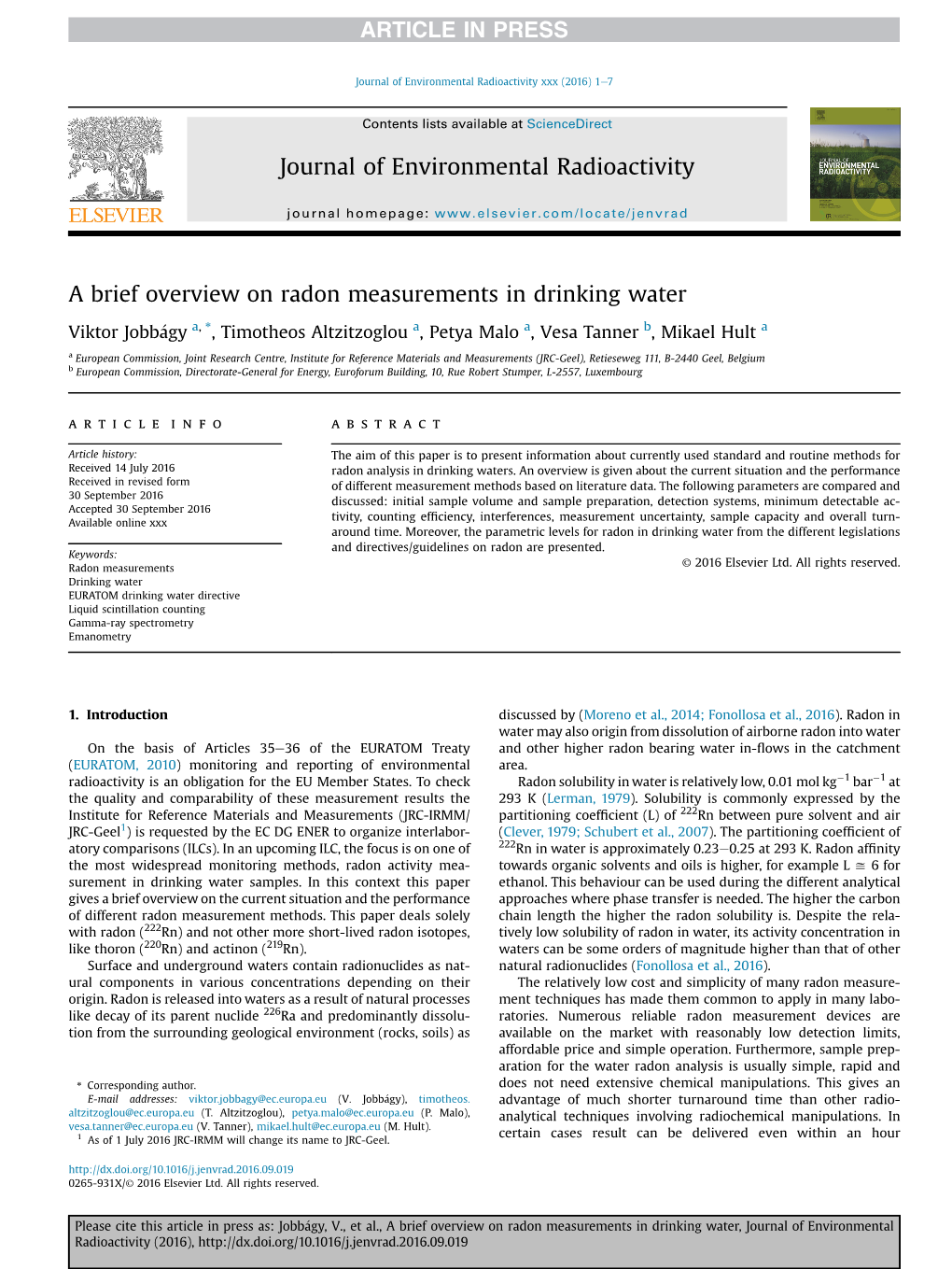 A Brief Overview on Radon Measurements in Drinking Water