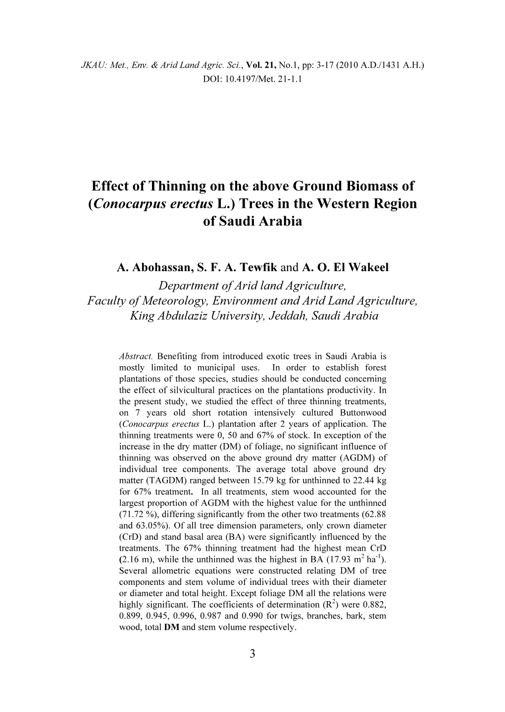 (Conocarpus Erectus L.) Trees in the Western Region of Saudi Arabia