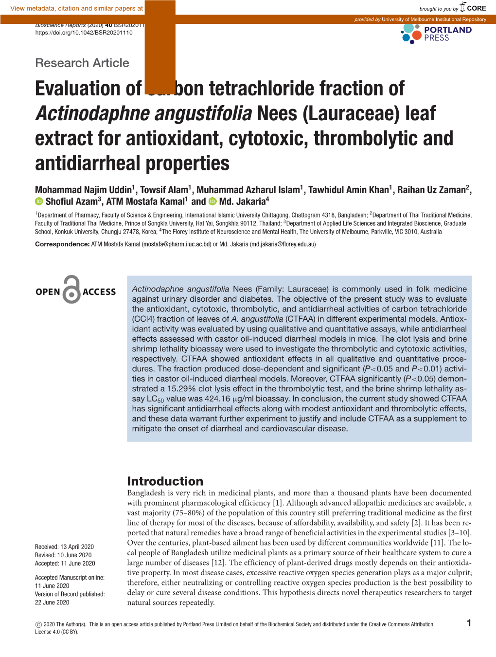 Evaluation of Carbon Tetrachloride Fraction of Actinodaphne