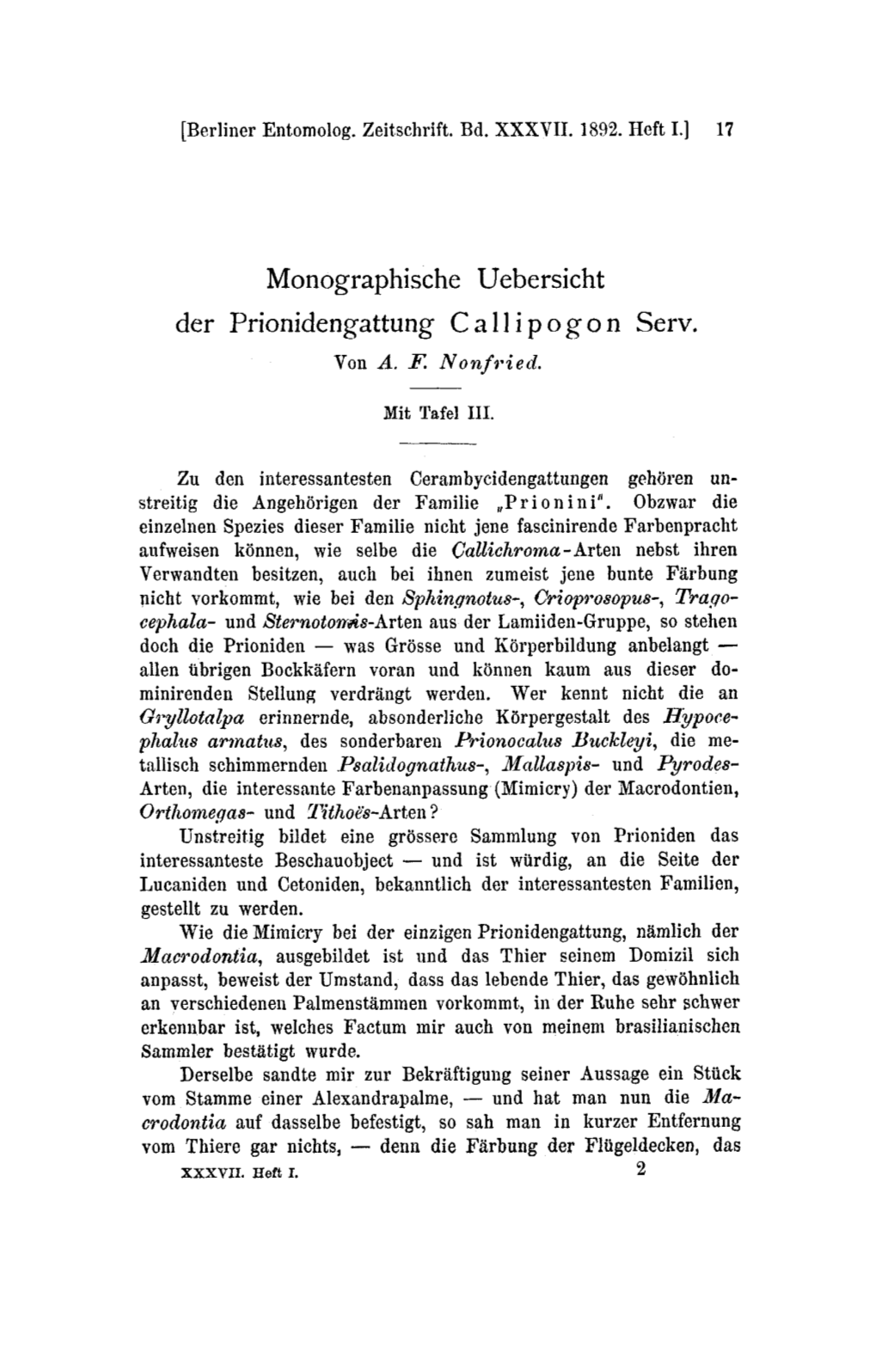 Monographische Uebersicht Der Prionidengattung Callipogon Serv