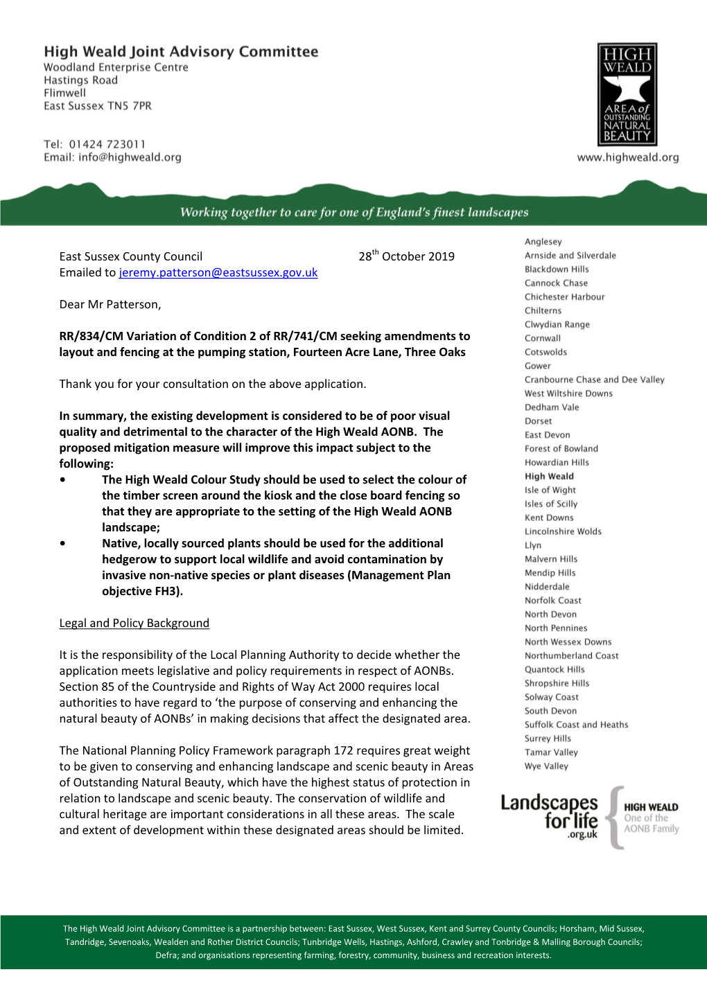 East Sussex County Council 28Th October 2019 Emailed to Jeremy.Patterson@Eastsussex.Gov.Uk