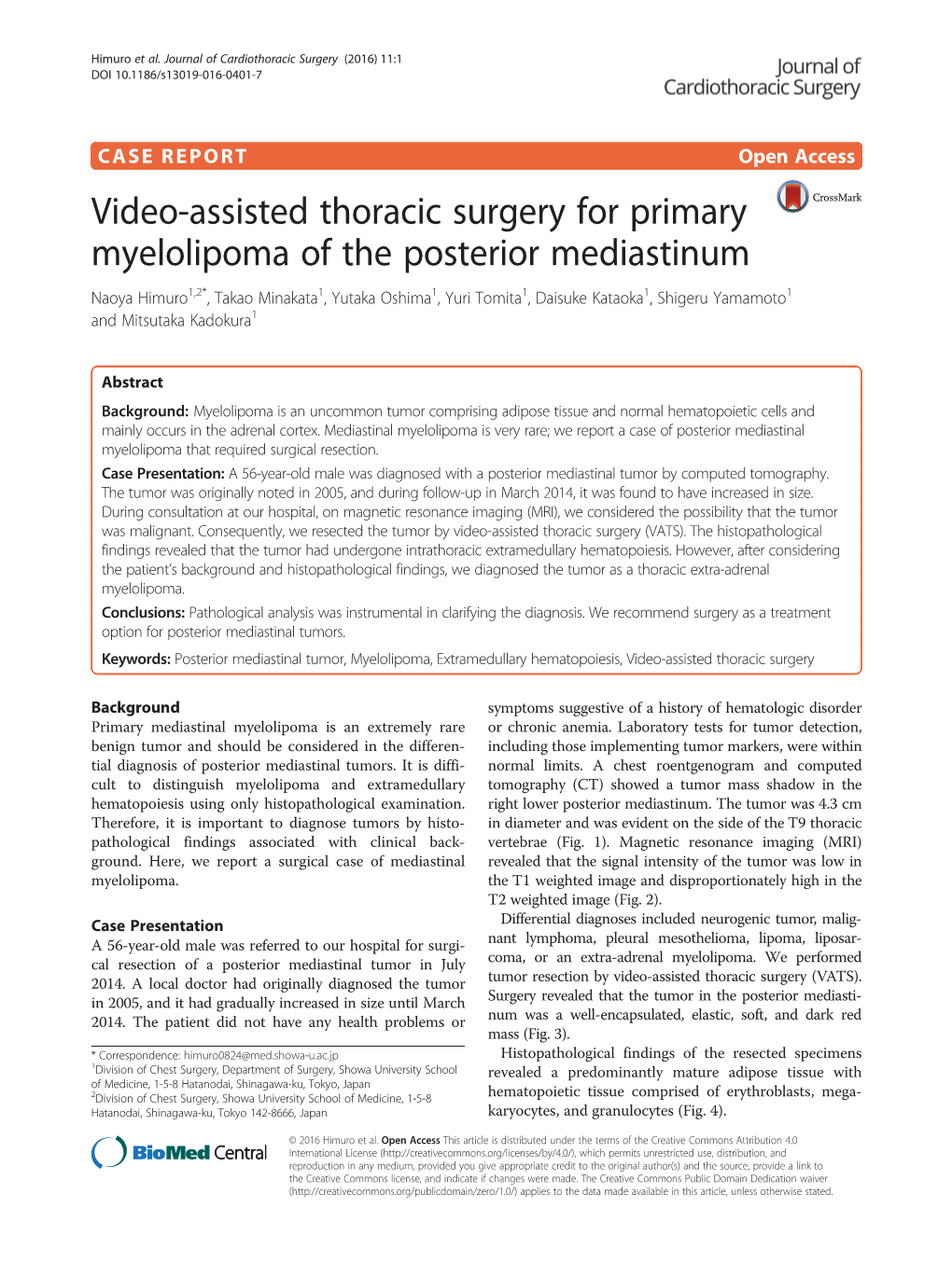 Video-Assisted Thoracic Surgery for Primary Myelolipoma of the Posterior Mediastinum