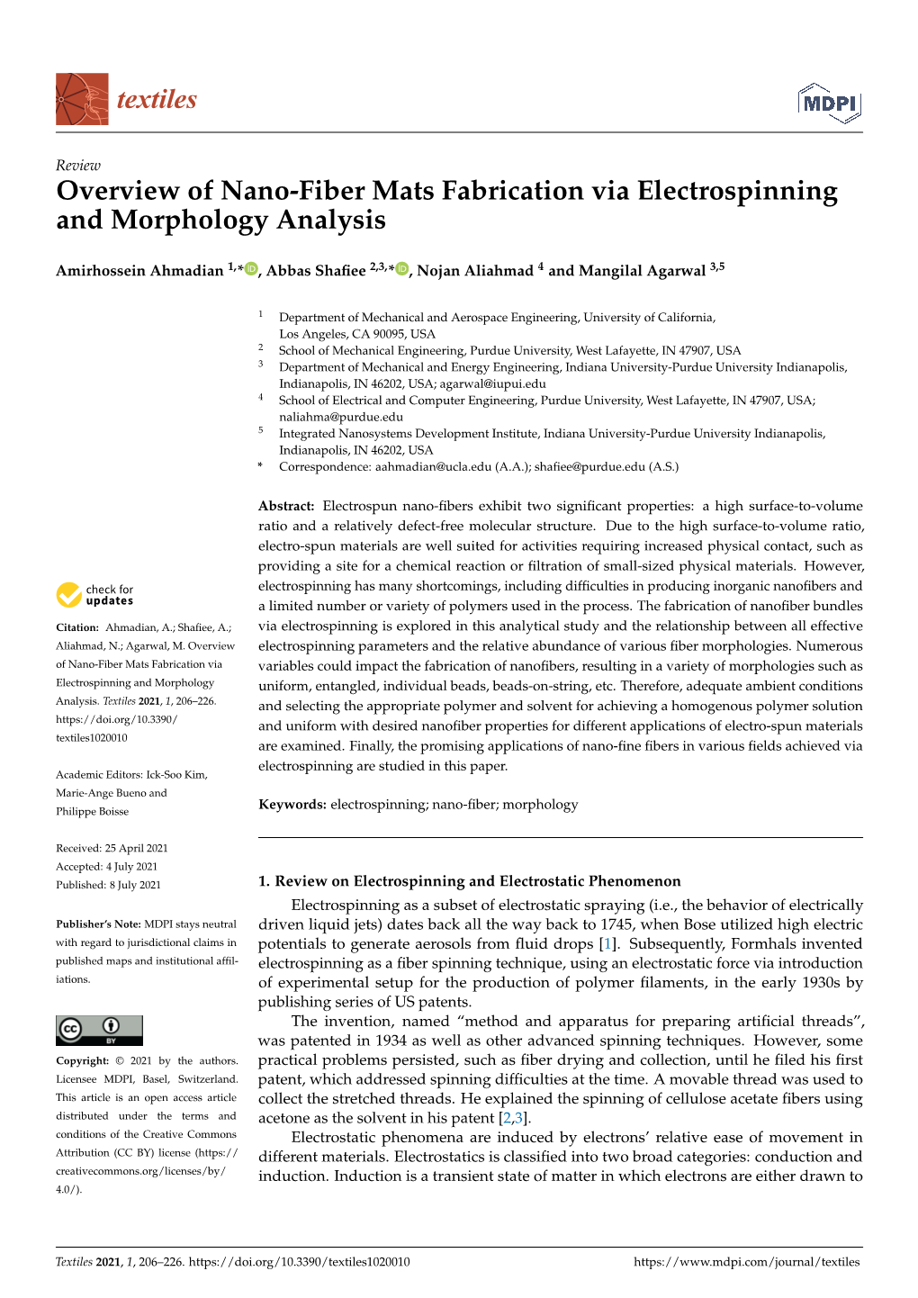 Overview of Nano-Fiber Mats Fabrication Via Electrospinning and Morphology Analysis