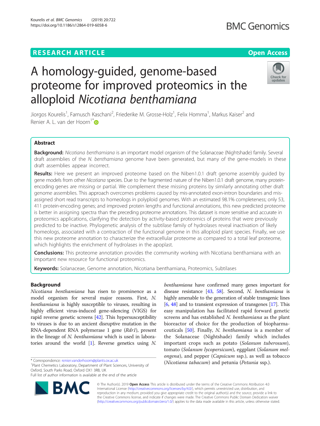 A Homology-Guided, Genome-Based Proteome for Improved Proteomics in the Alloploid Nicotiana Benthamiana Jiorgos Kourelis1, Farnusch Kaschani2, Friederike M