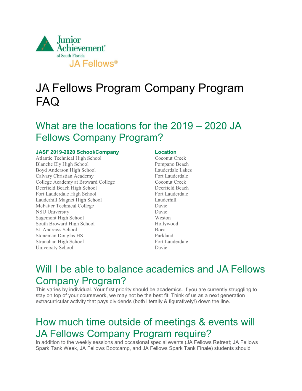 JA Fellows Program Company Program FAQ