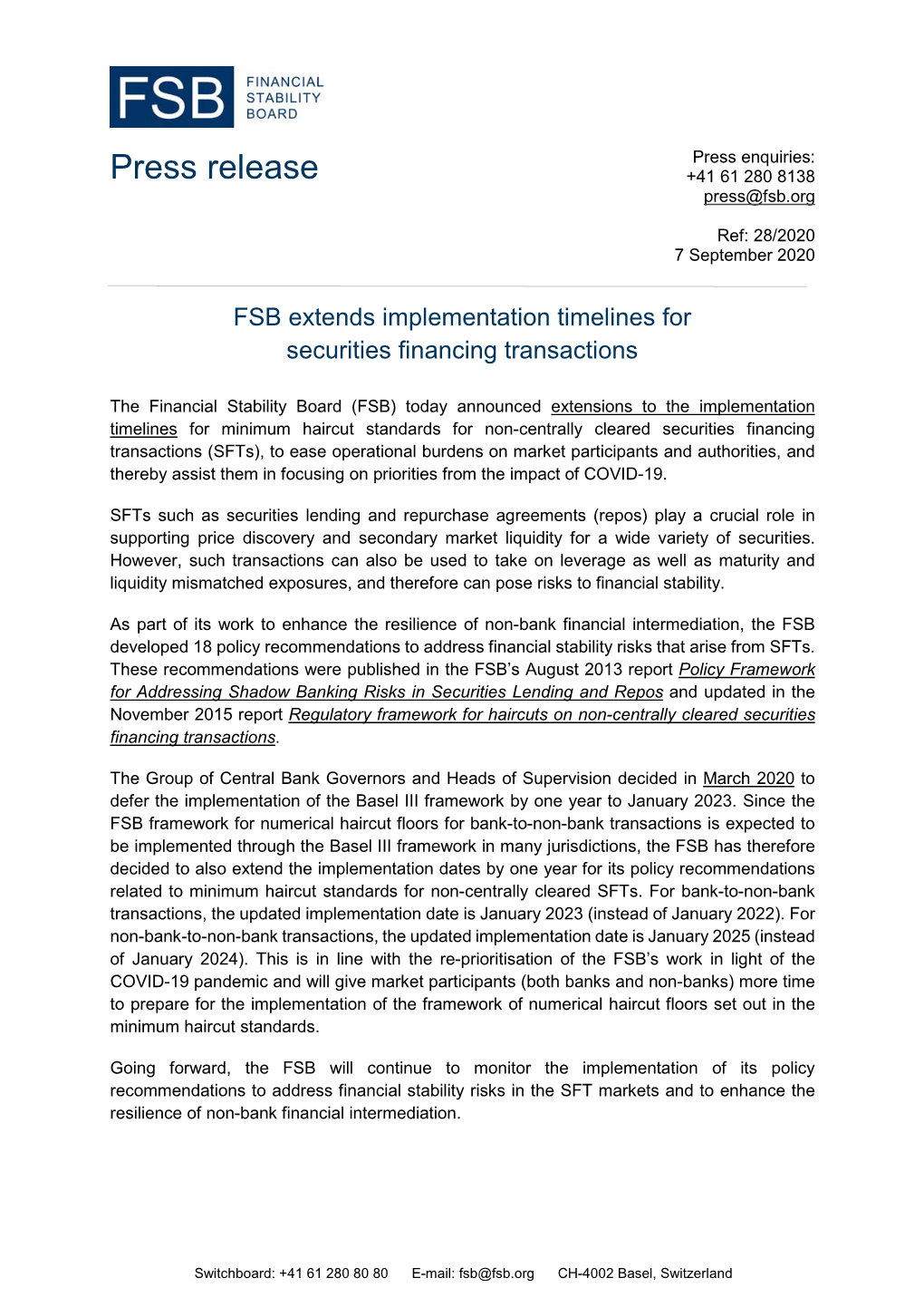 FSB Extends Implementation Timelines for Securities Financing Transactions