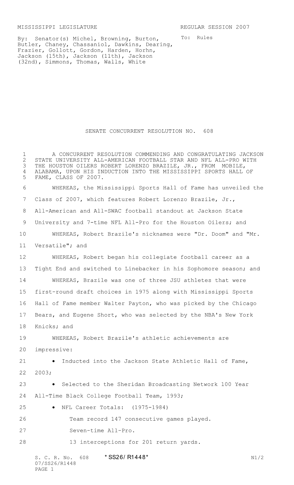 MISSISSIPPI LEGISLATURE REGULAR SESSION 2007 By