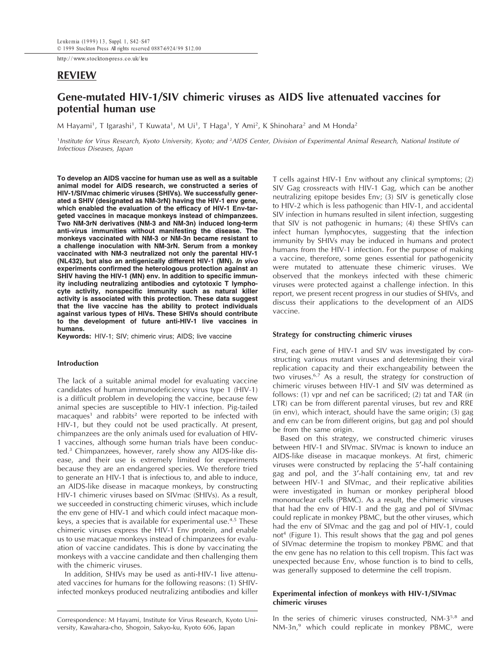 REVIEW Gene-Mutated HIV-1/SIV Chimeric Viruses As AIDS Live Attenuated Vaccines for Potential Human