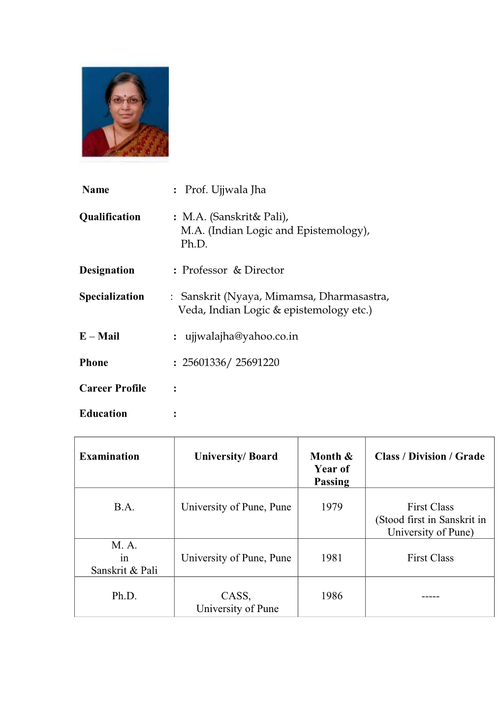 Name : Prof. Ujjwala Jha Qualification : MA (Sanskrit& Pali)