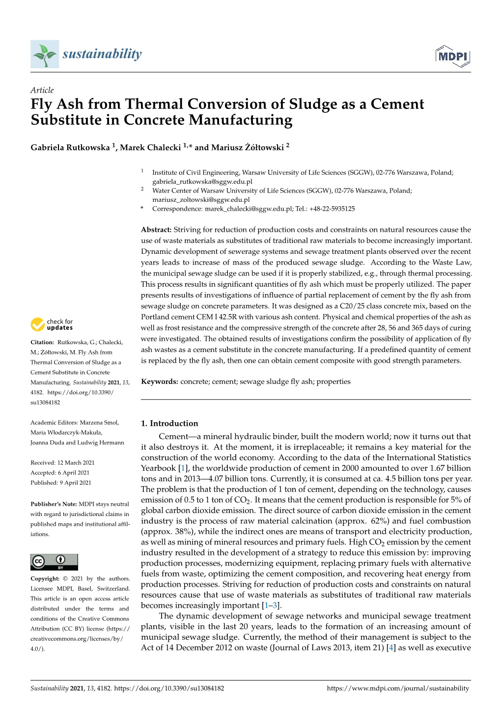 Fly Ash from Thermal Conversion of Sludge As a Cement Substitute in Concrete Manufacturing