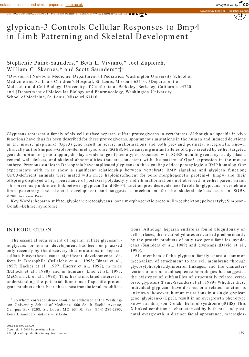 Glypican-3 Controls Cellular Responses to Bmp4 in Limb Patterning and Skeletal Development