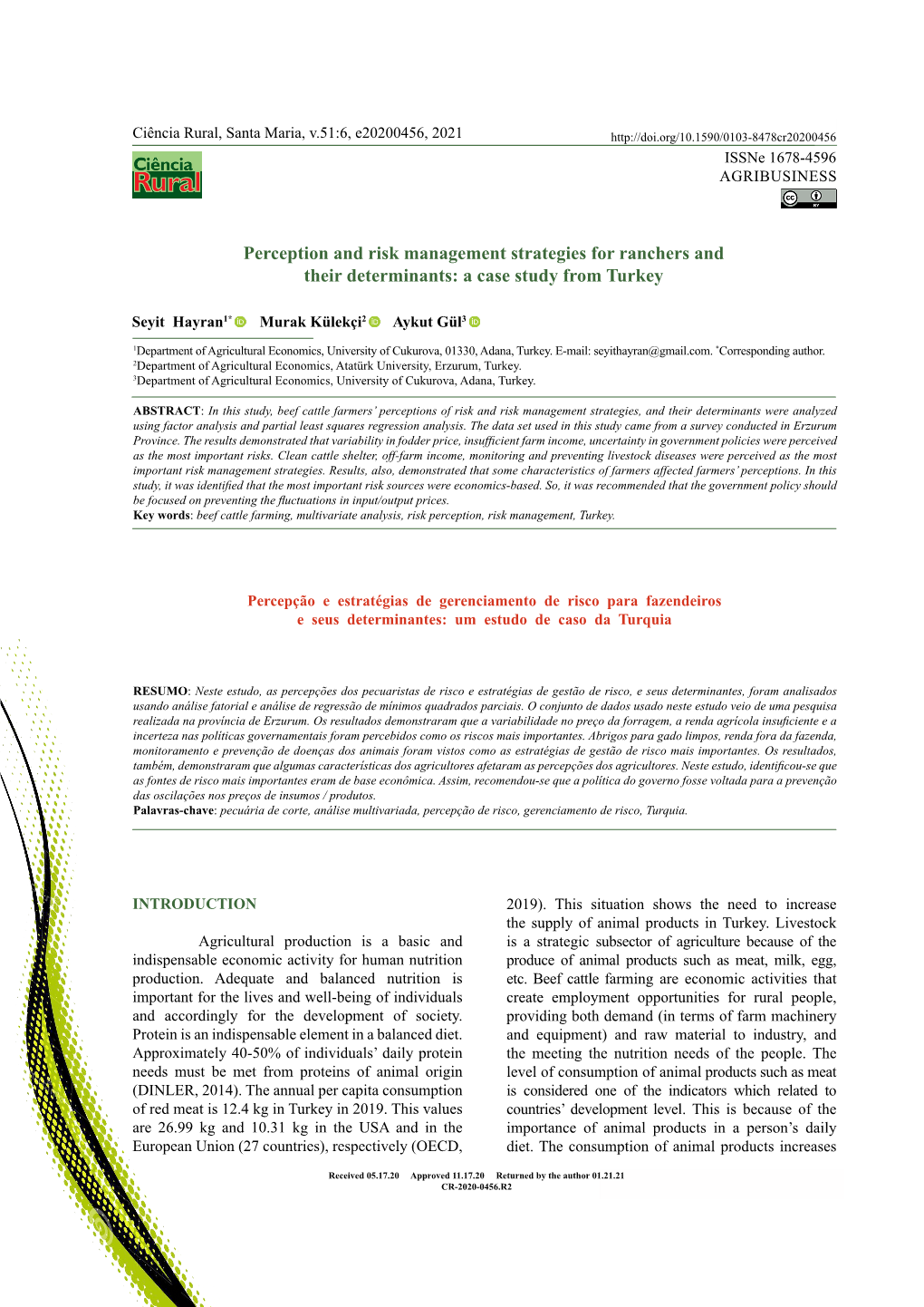 Perception and Risk Management Strategies for Ranchers and Their Determinants: a Case Study from Turkey