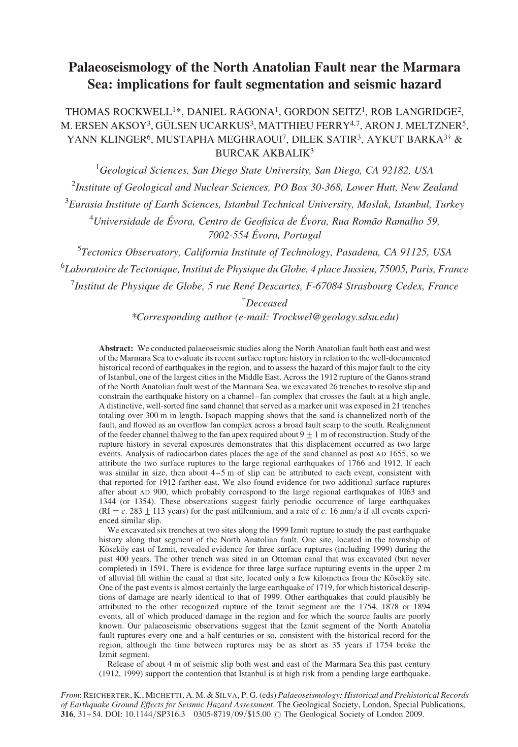 Palaeoseismology of the North Anatolian Fault Near the Marmara Sea: Implications for Fault Segmentation and Seismic Hazard