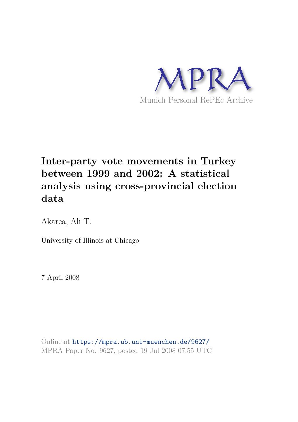 Inter-Party Vote Movements in Turkey Between 1999 and 2002: a Statistical Analysis Using Cross-Provincial Election Data