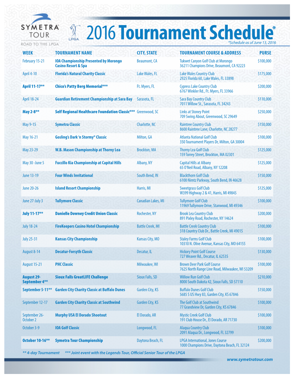 2016Tournament Schedule*