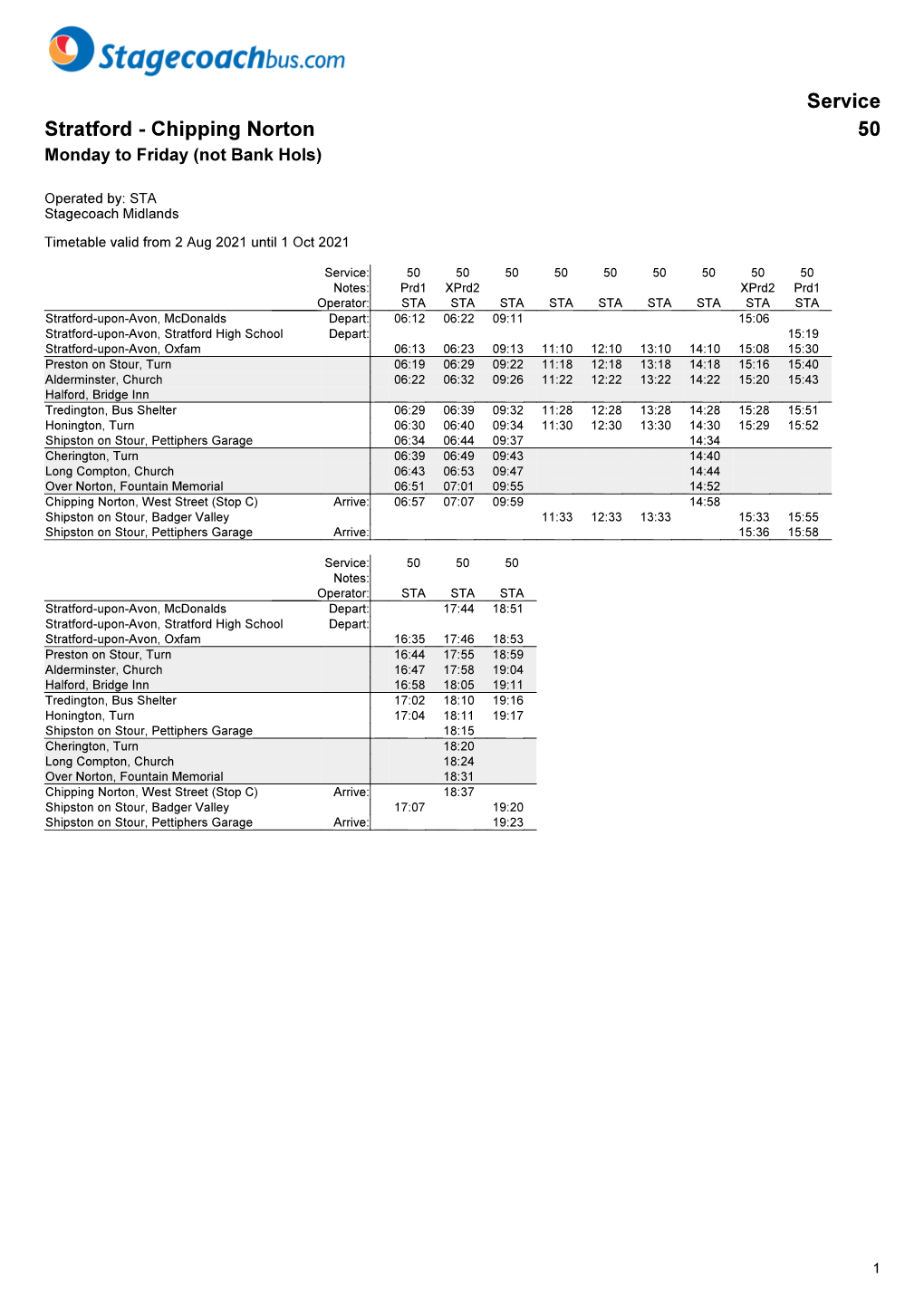 Service Stratford - Chipping Norton 50 Monday to Friday (Not Bank Hols)