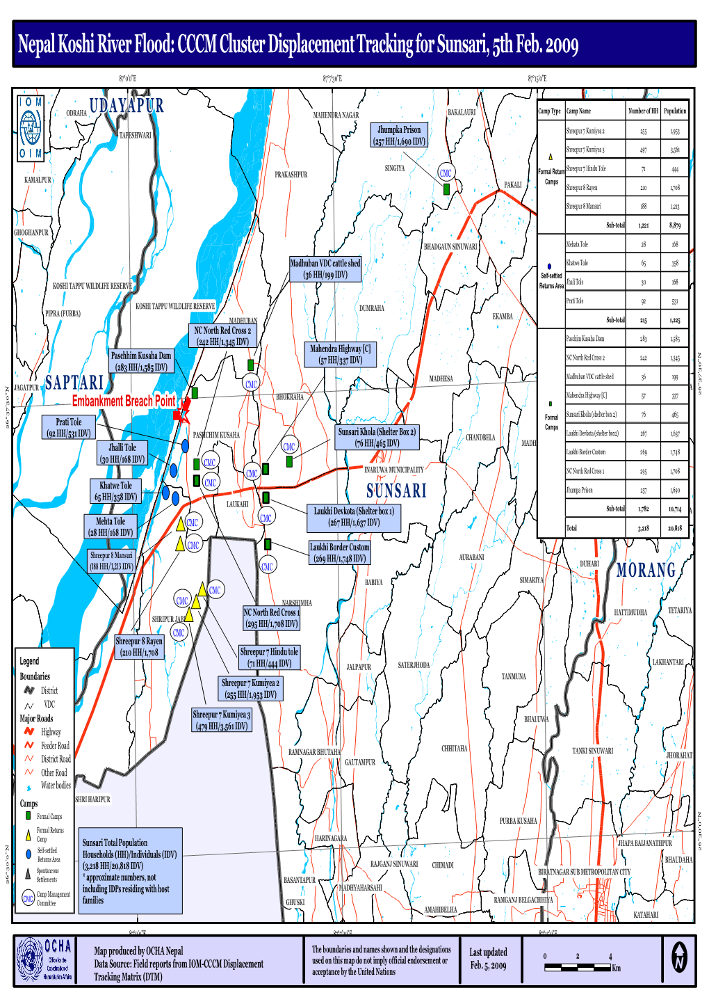 Nepal Koshi River Flood: CCCM Cluster Displacement Tracking for Sunsari, 5Th Feb