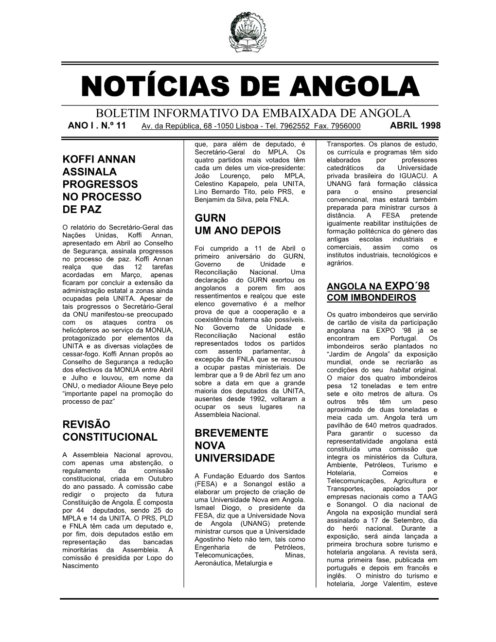 Notícias De Angola Boletim Informativo Da Embaixada De Angola Ano I