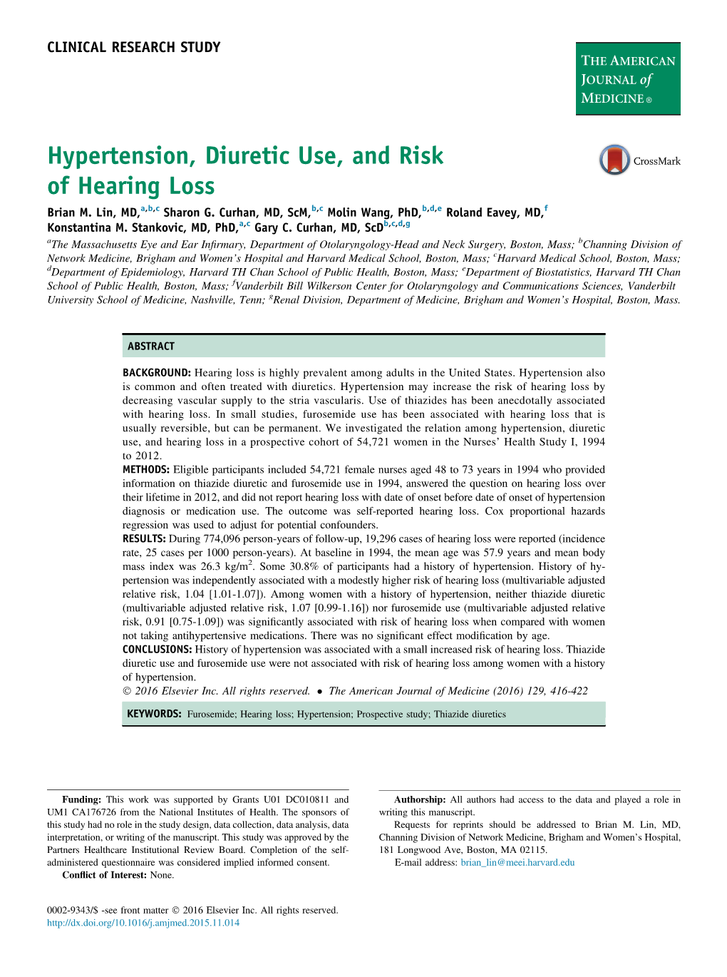 Hypertension, Diuretic Use, and Risk of Hearing Loss Brian M