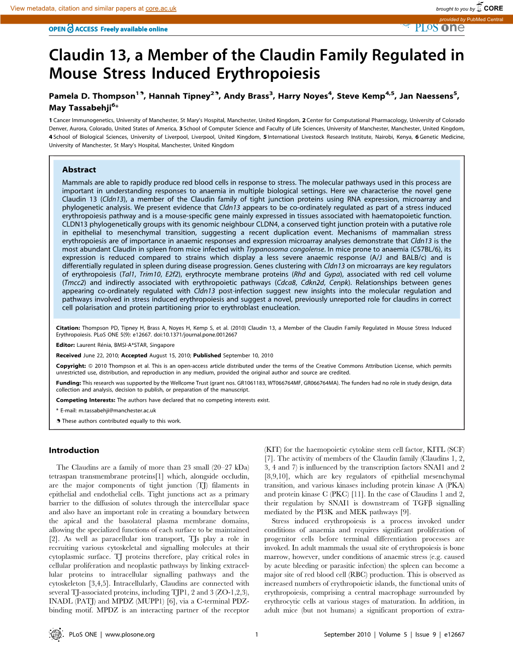 Claudin 13, a Member of the Claudin Family Regulated in Mouse Stress Induced Erythropoiesis