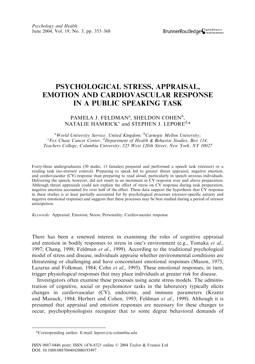 Psychological Stress, Appraisal, Emotion and Cardiovascular Response in a Public Speaking Task