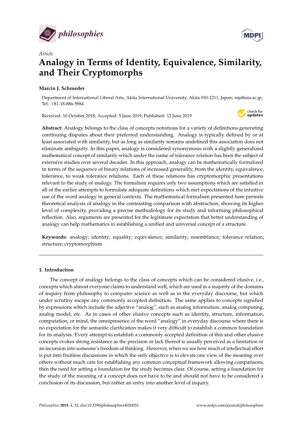 Analogy in Terms of Identity, Equivalence, Similarity, and Their Cryptomorphs