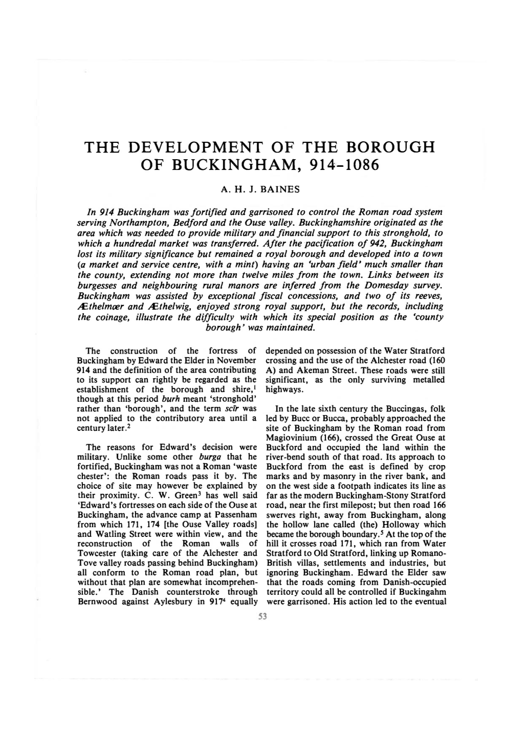 The Development of the Borough of Buckingham, 914-1086. a H J Baines