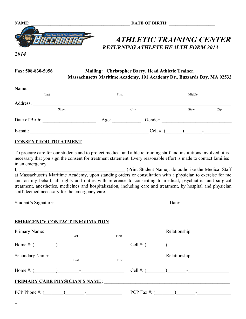 Returning Athlete Health Form 2013-2014