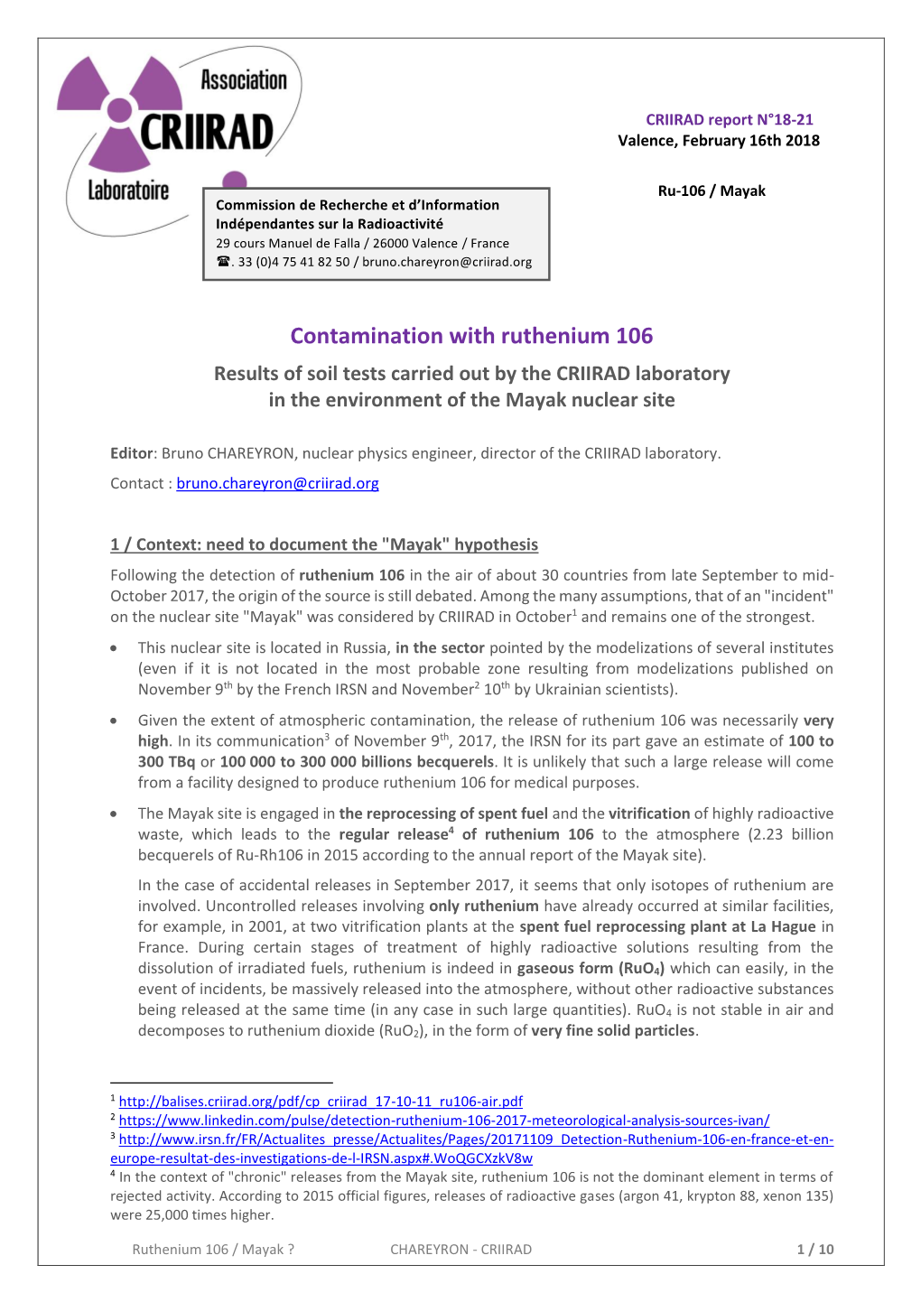 Contamination with Ruthenium 106 Results of Soil Tests Carried out by the CRIIRAD Laboratory in the Environment of the Mayak Nuclear Site