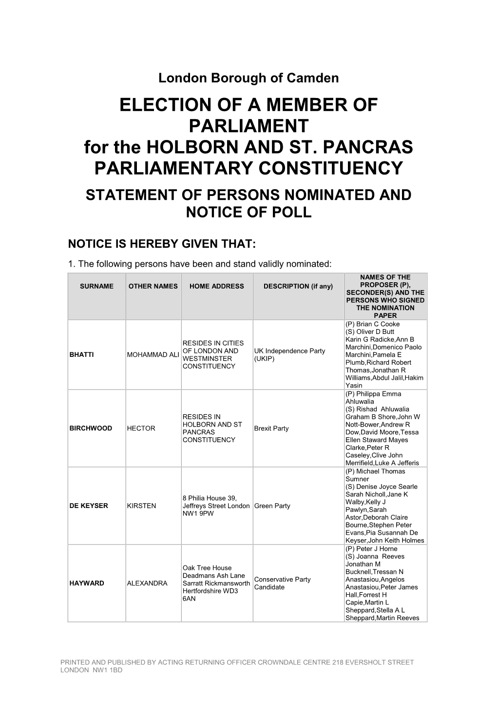 Election of a Member of Parliament for the Holborn and St Pancras